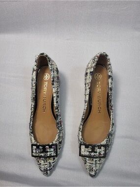 Tory Burch Multicolor Tweed Pointed Flats with Logo Accent